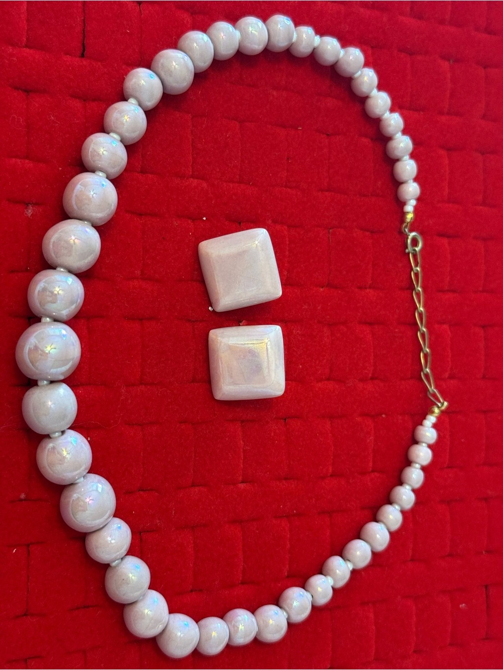 Vintage Glass  Pink Beaded Necklace with Square Stud Earrings